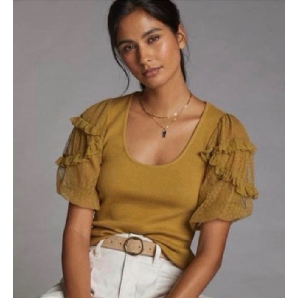 Maeve Anthropologie Mesh Puff Sleeve Top Size XS Ribbed Feminine Blouse Romantic